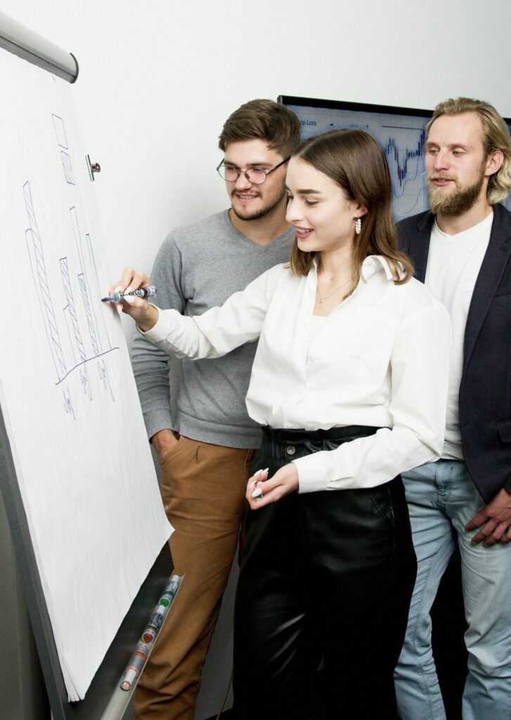 Young professionals brainstorming around a whiteboard in a modern office.